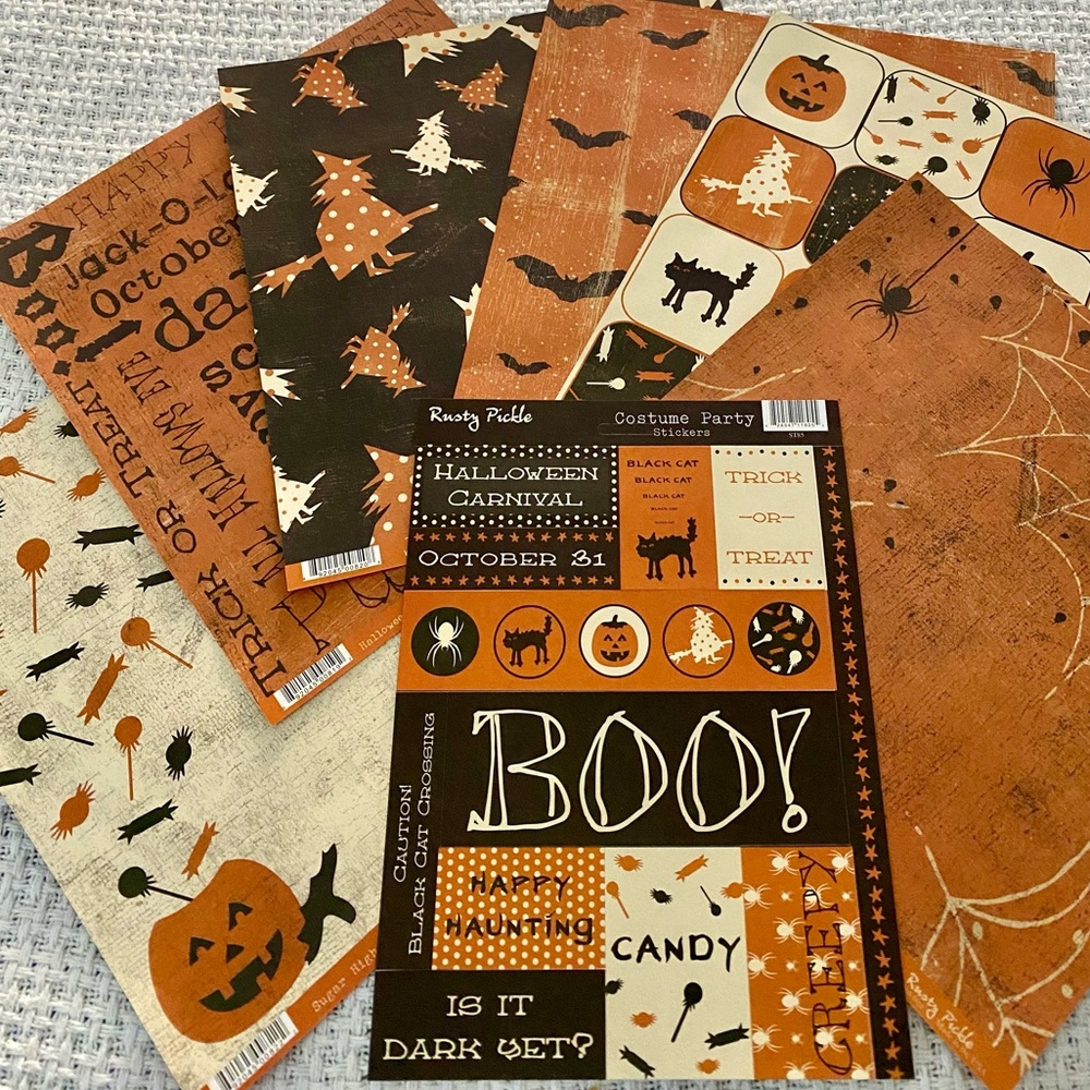 👻🎃 RUSTY PICKLE “COSTUME PARTY” HALLOWEEN THEMED SCRAPBOOK PAPER & STICKERS. - Picture 1 of 13